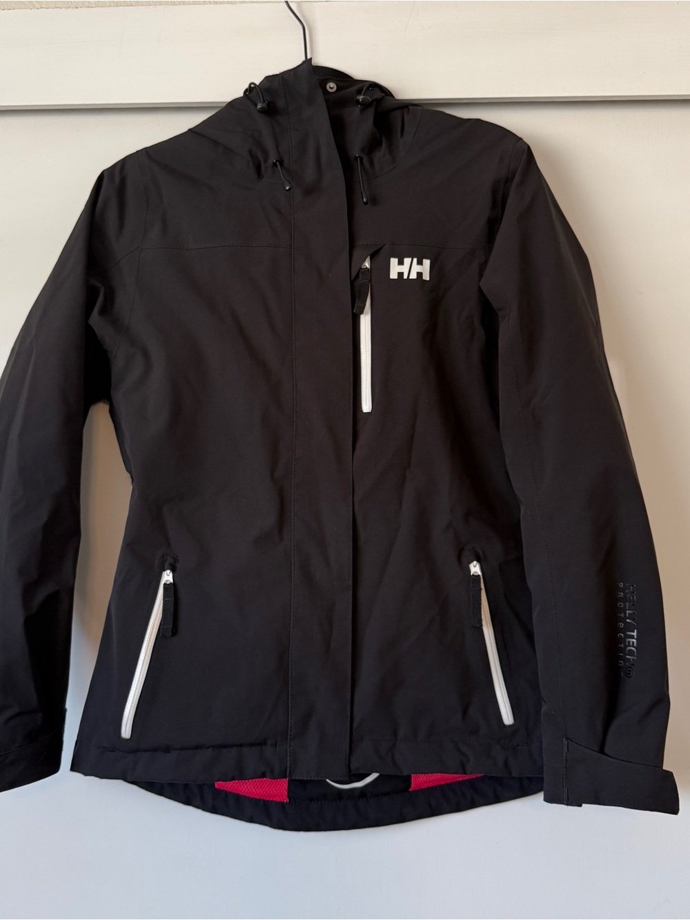 Helly Hansen Black Waterproof Hooded Rain Jacket with White Zippers